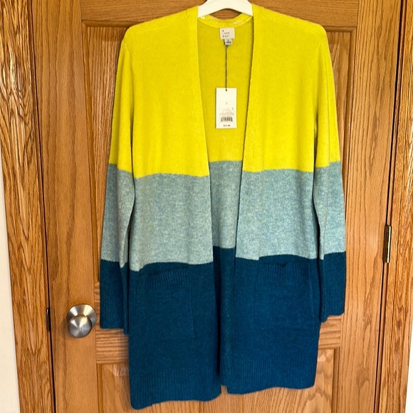 a new day Sweaters - A new day- florescent yellow, like get blue and teal cardigan with front pockets